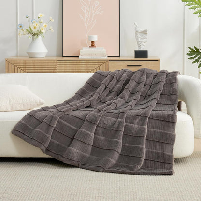 Amélie Home Luxury Striped Faux Fur Throw Blanket for Couch, Embossed Split Fur Cozy Fuzzy Fluffy