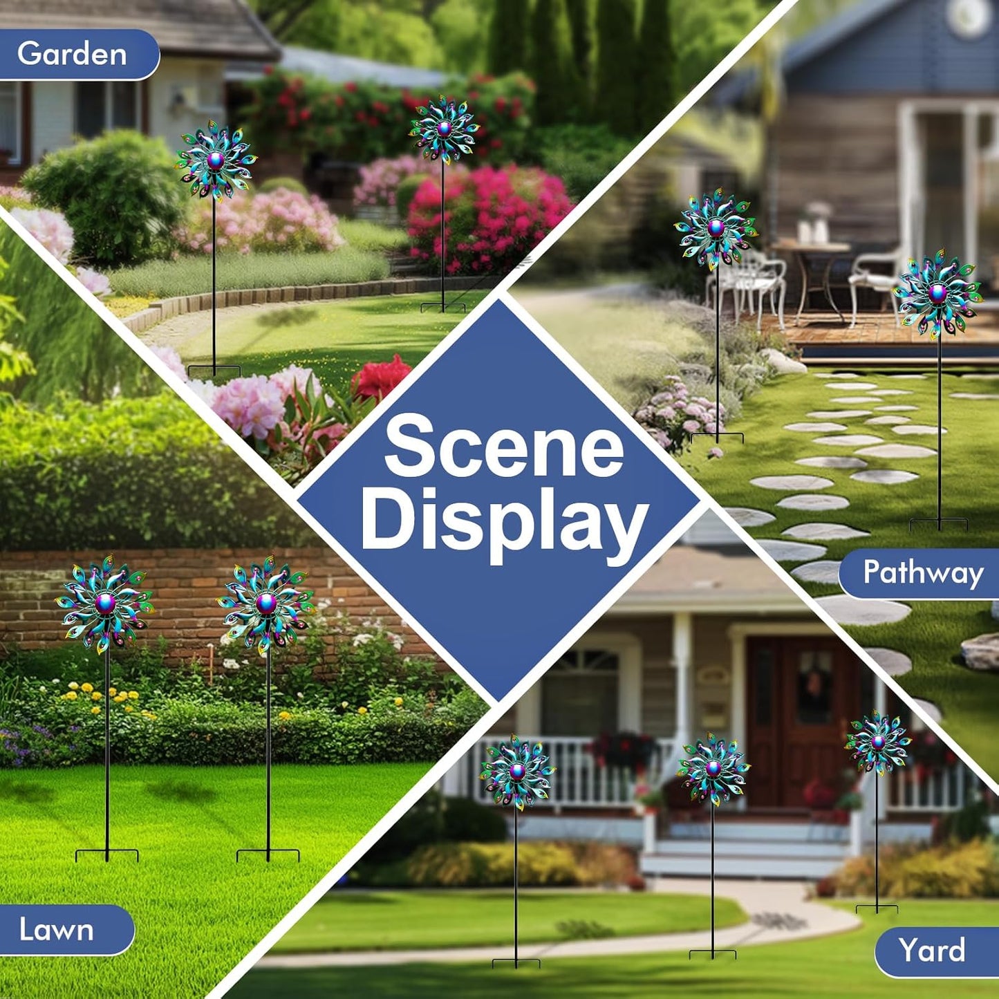 360°Peacock Solar Wind Spinner with Lights Blue Metal Garden Outdoor Decor Yard Lawn Art Decor for