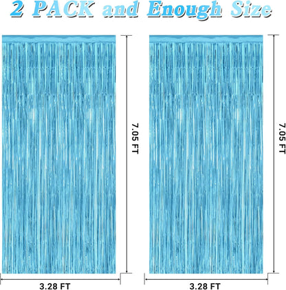 2 Pack Backdrop Curtains, 3.28 Feet x 7.05 Feet Sky Blue Tinsel Backdrop, Metallic Fringe Curtains