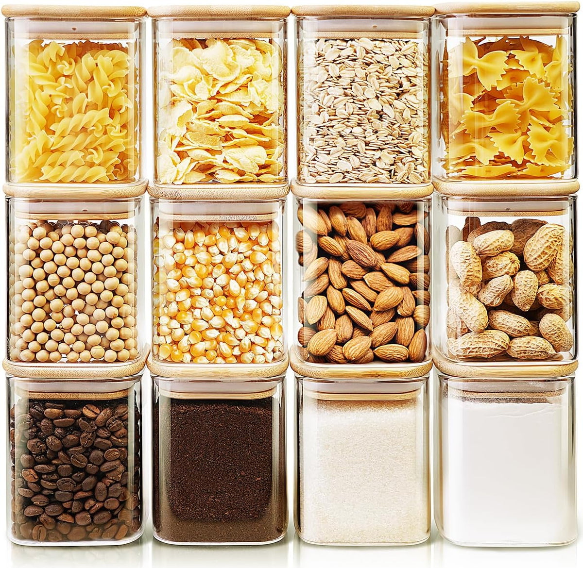 Square Glass Jars with Bamboo Lids 17 FL OZ [Set of 12], Glass Canisters with Airtight Lids, Glass