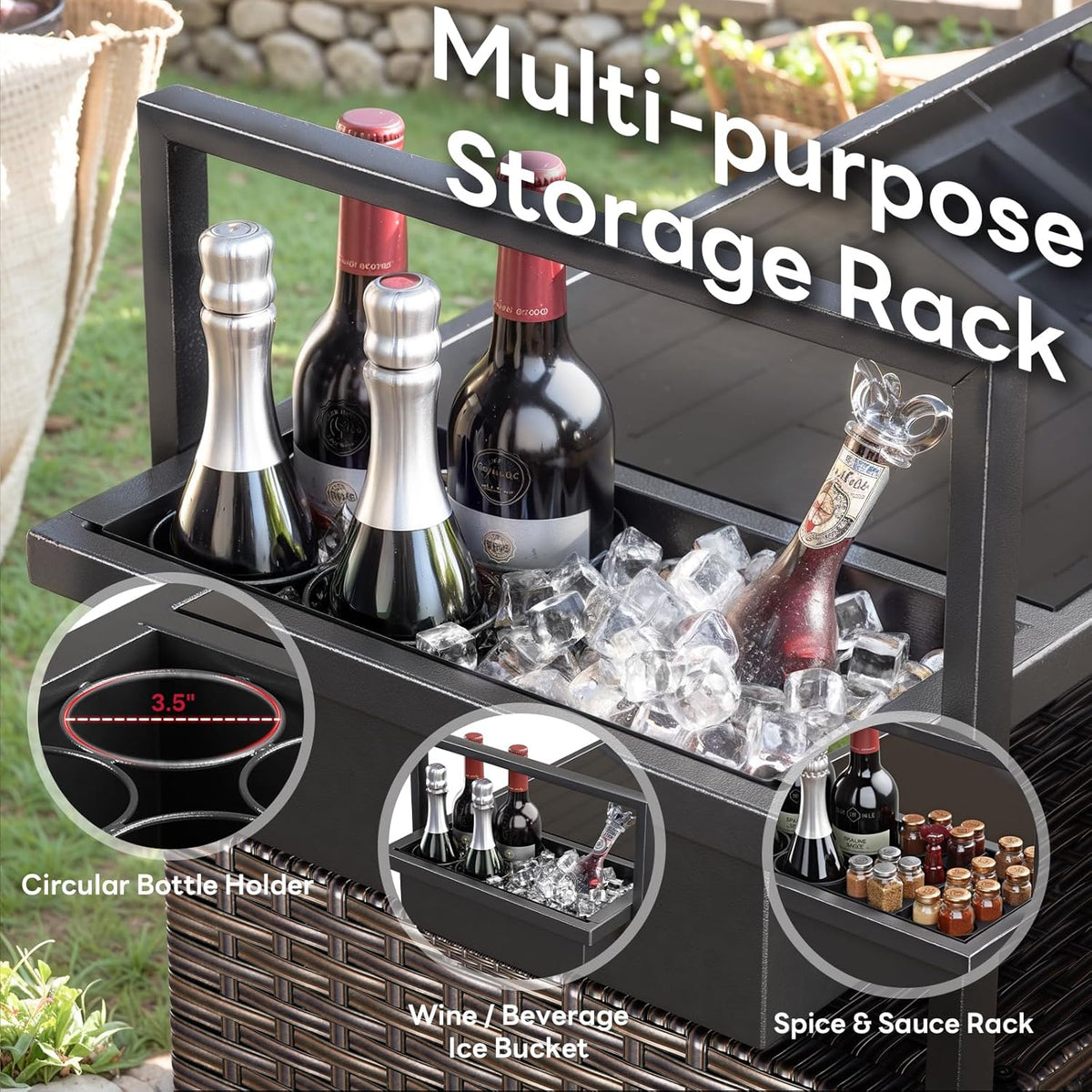Outdoor Bar Cart with Storage Cabinet, Outdoor Grill Cart with Wheels, Rattan Bar Cart with