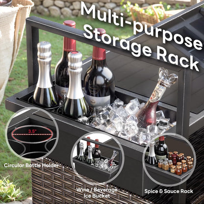 Outdoor Bar Cart with Storage Cabinet, Outdoor Grill Cart with Wheels, Rattan Bar Cart with