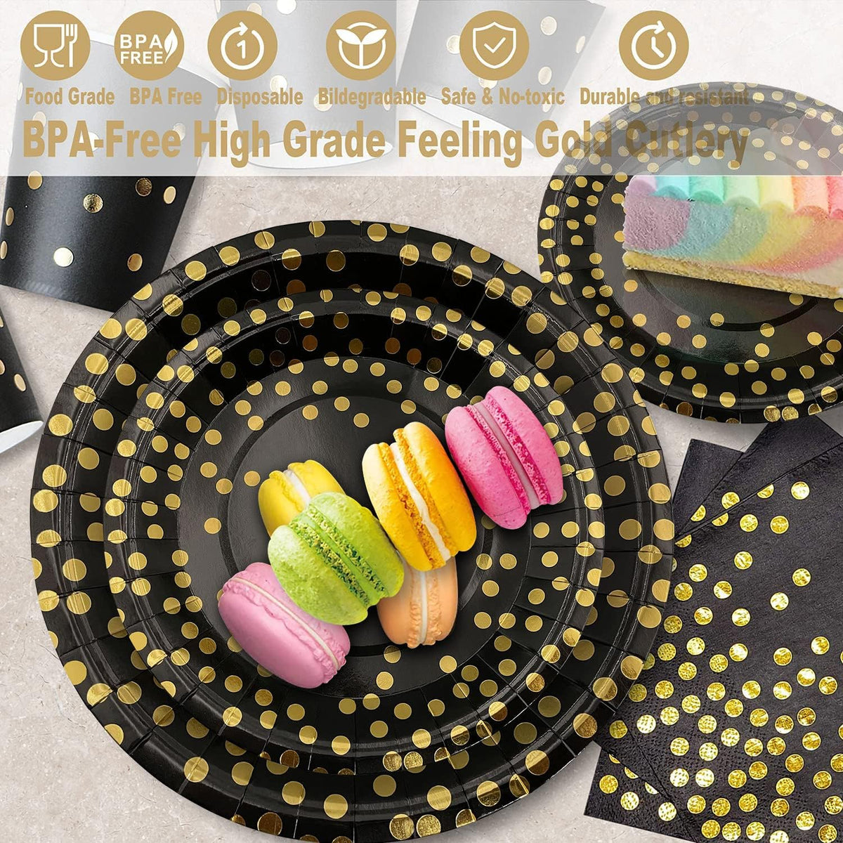 AIRE 175PCS Black and Gold Paper Plates Party Supplies for 25 Guests Disposable Party Decorations