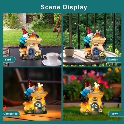 Garden Gnome Statues Figurine Lights - Solar Powered Lighting Outdoor Decorations, Gnome Build