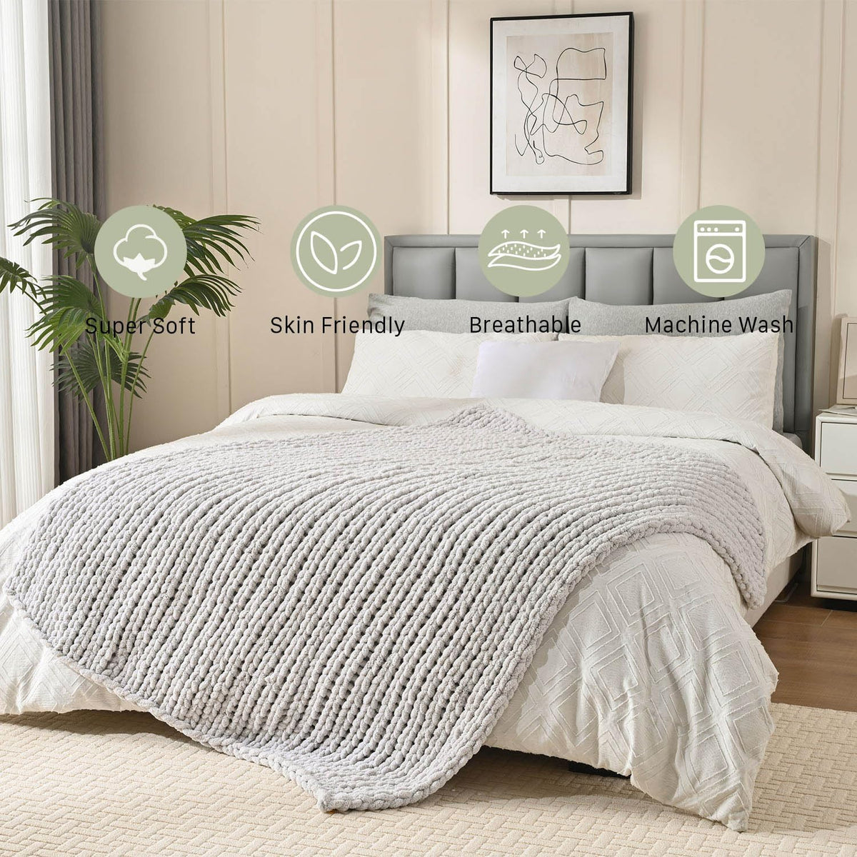 Esterra Chunky Knit Blanket Throw 50"x60", 100% Hand Knitted Chenille Throw Blanket, Cozy Soft