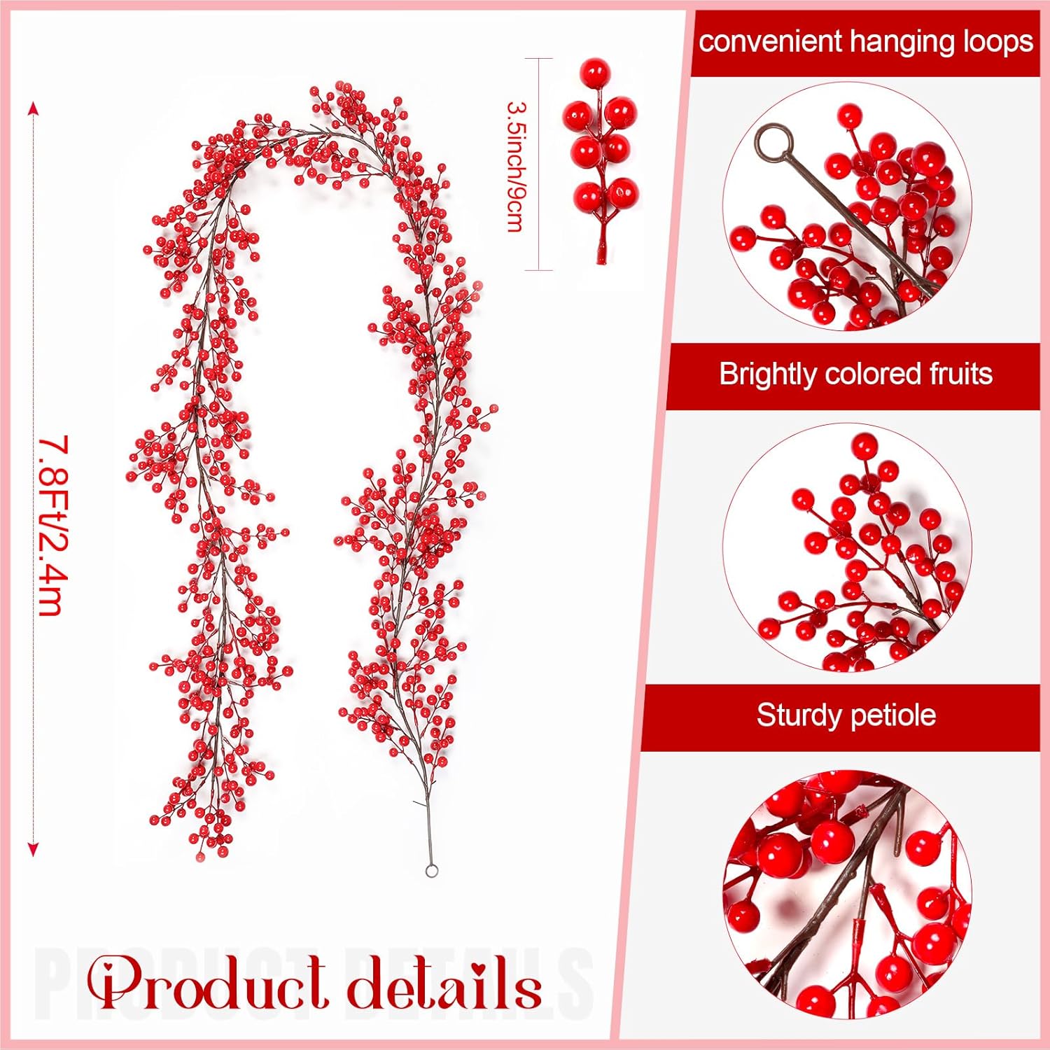Joyhalo Red Berry Garland - 8.9 FT Christmas Holly Berry Vine for Christmas Tree, Winter Berry