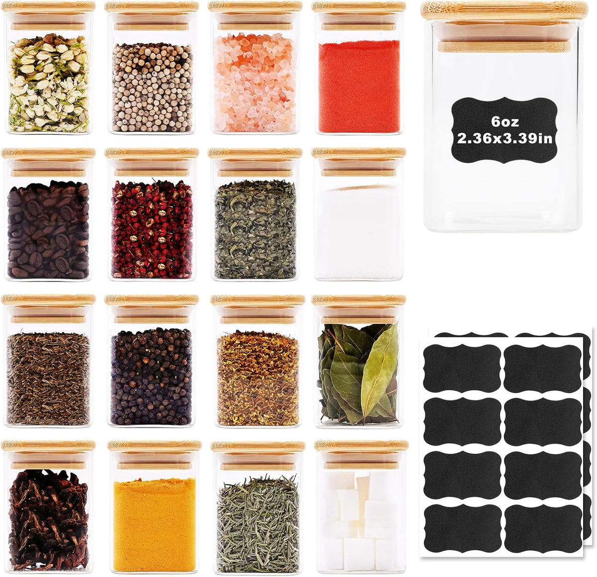 Glass Food Storage Jars Square 6oz, 16 Pack Glass Jars With Bamboo Lids, Kitchen Storage Containers