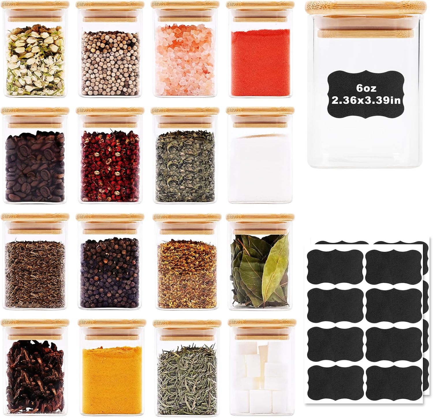 Glass Food Storage Jars Square 6oz, 16 Pack Glass Jars With Bamboo Lids, Kitchen Storage Containers