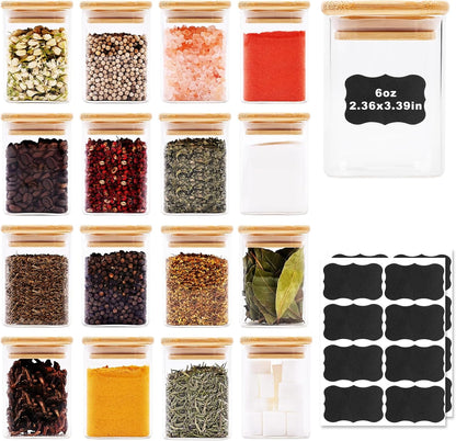 Glass Food Storage Jars Square 6oz, 16 Pack Glass Jars With Bamboo Lids, Kitchen Storage Containers