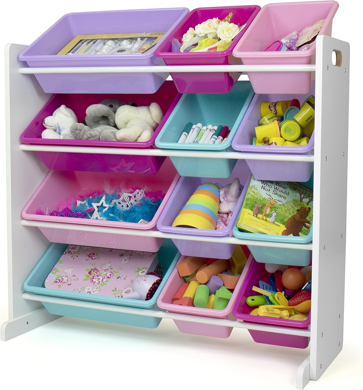 Humble Crew Kids Toy Storage Organizer with 12 Plastic Bins, White/Pink/Purple/Turquoise