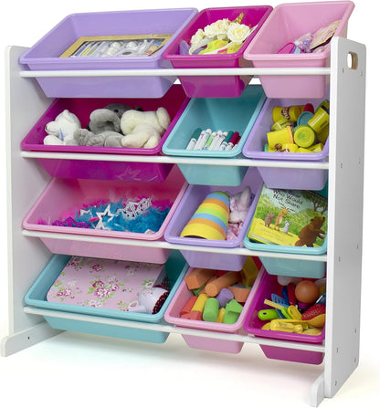 Humble Crew Kids Toy Storage Organizer with 12 Plastic Bins, White/Pink/Purple/Turquoise