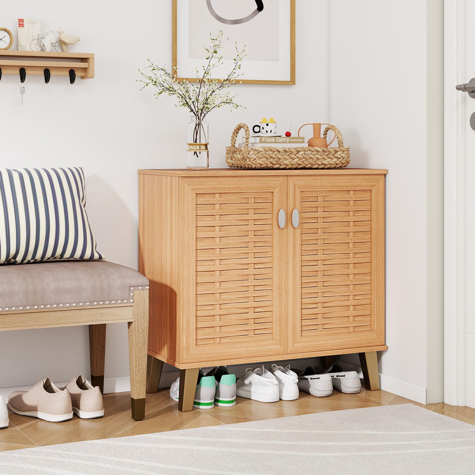 GIANTEX Shoe Cabinet with Doors, 4-Tier Farmhouse Shoe Rack Cabinet