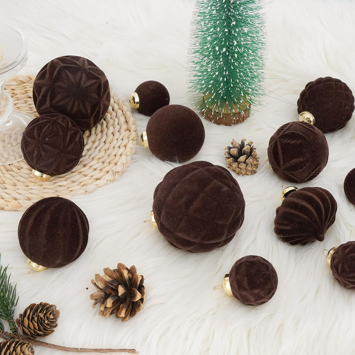 46PCS Velvet Christmas Ball Ornaments Set, Flocked Shatterproof Xmas Tree Decor, Assorted Hanging