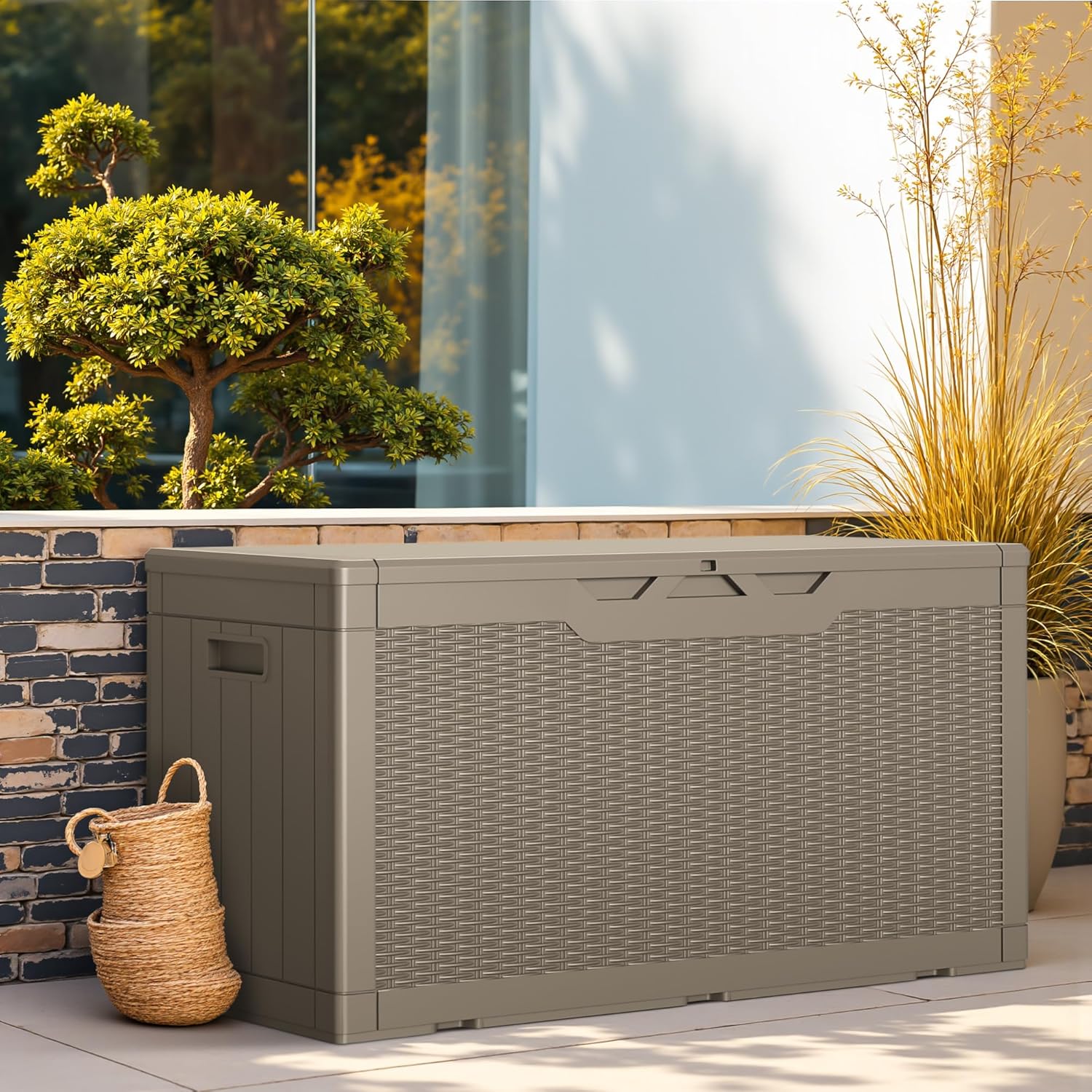 Greesum 100 Gallon Resin Deck Box Lockable Large Outdoor Storage Boxes for Garden Tools, Patio