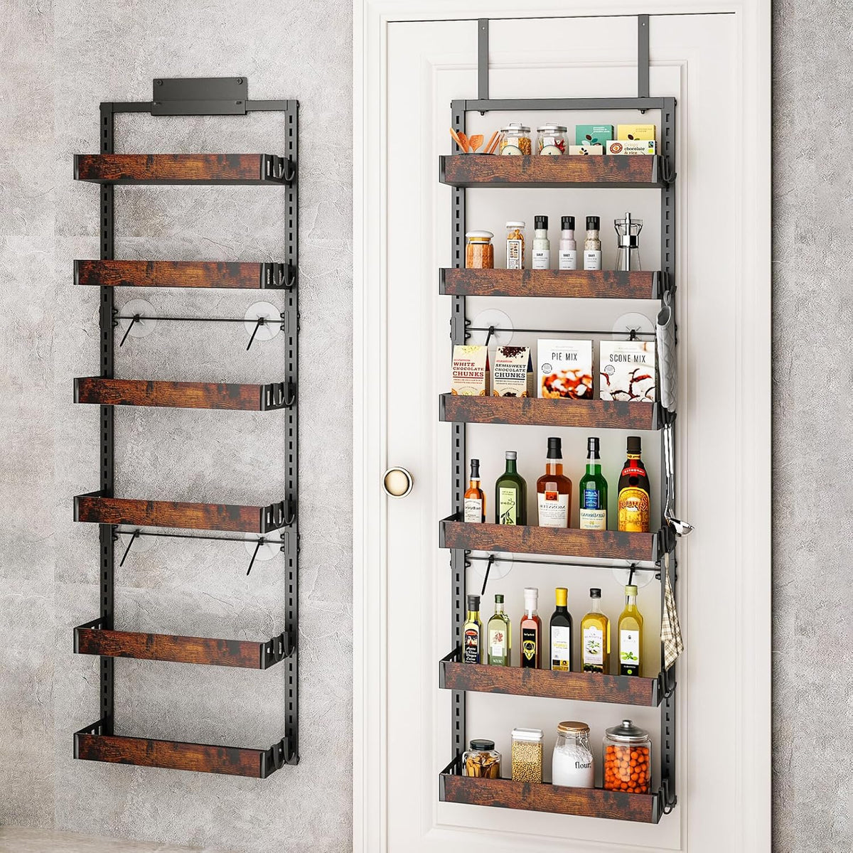 bukfen Over the Door Pantry Organizer, 6-Tier Adjustable Wooden Basket Kitchen Pantry Door