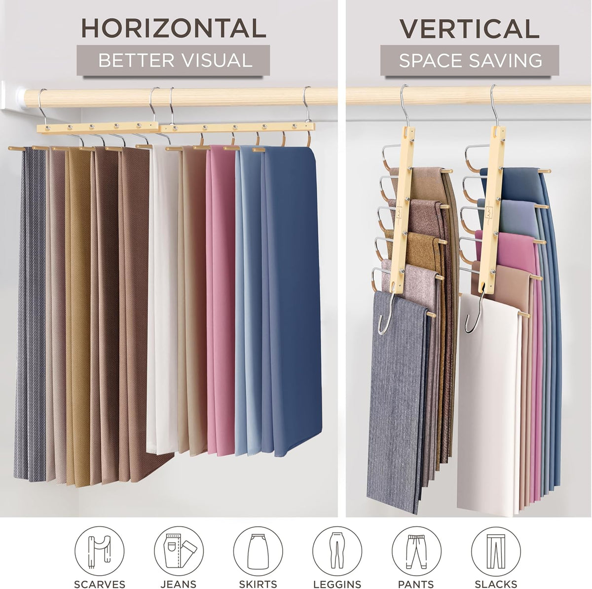 MORALVE Pants Hangers Space Saving - 2 Pack European Beechwood Scarf and Jean Hangers - Closet