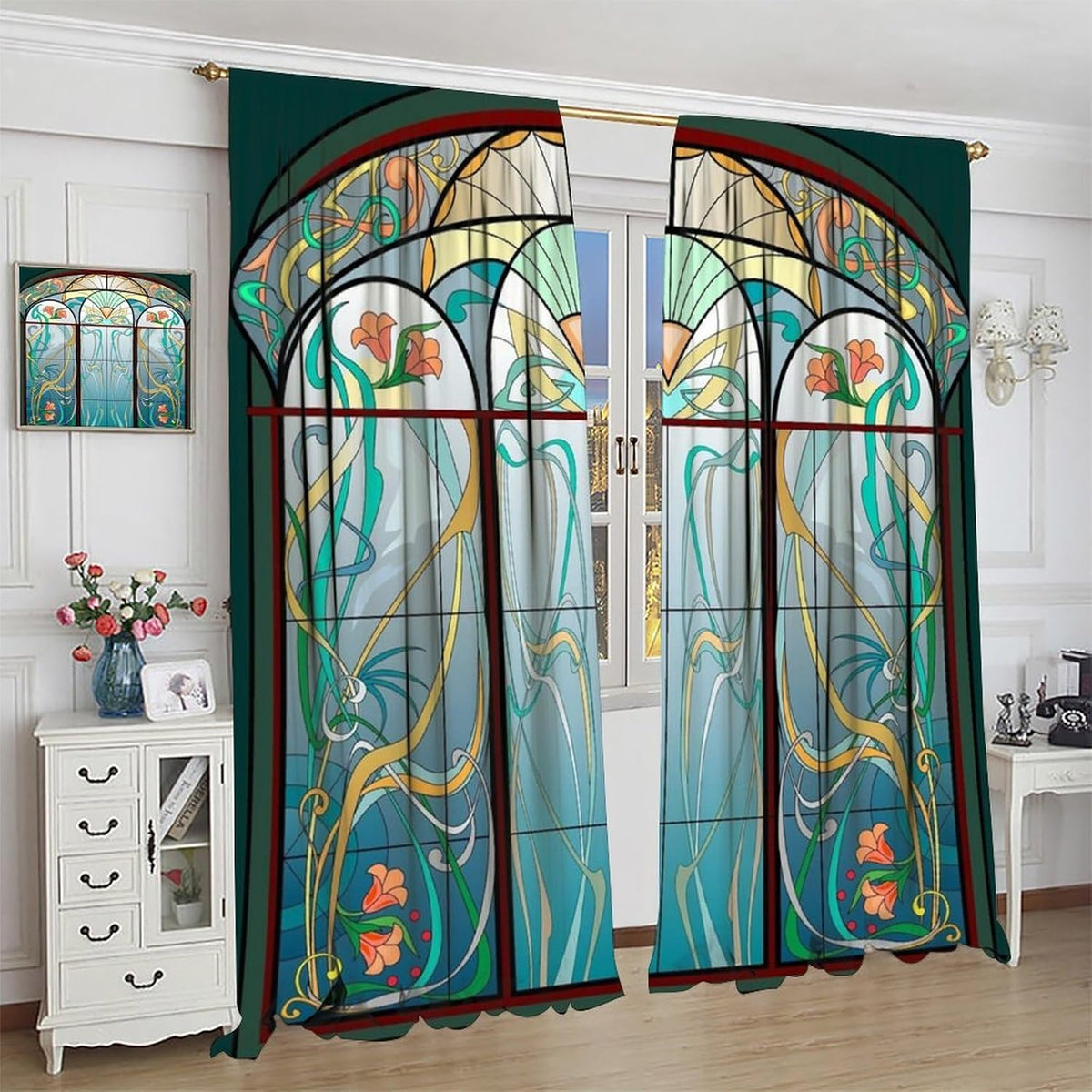 Stained Glass Curtains, Retro Mid Century Boho Abstract Art Home Decor Drapes for Bedroom Living