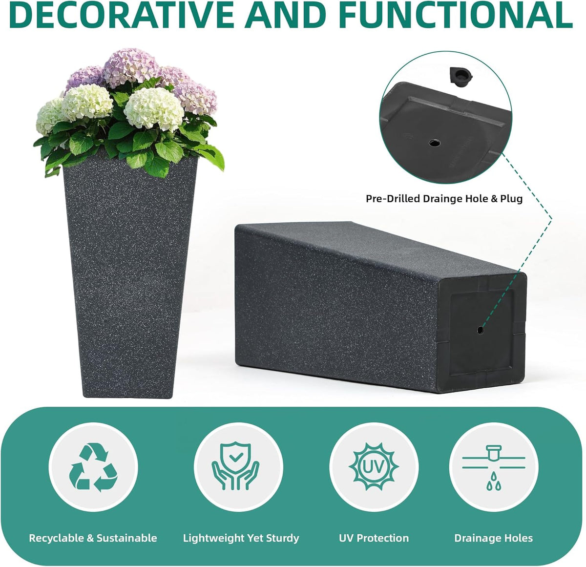 28" Large Tall Planters for Outdoor Plants, Set of 2 V-Shaped Planter Box with Black Terrazzo Look