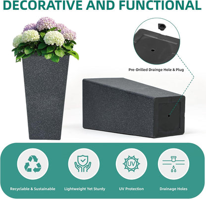 28" Large Tall Planters for Outdoor Plants, Set of 2 V-Shaped Planter Box with Black Terrazzo Look