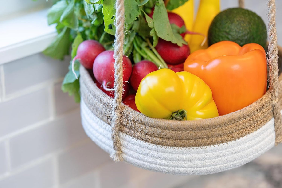 CEDAR+PINE 3-Tier Lined Hanging Fruit Basket Natural Woven Cotton with Strong Jute Rope Hanger in