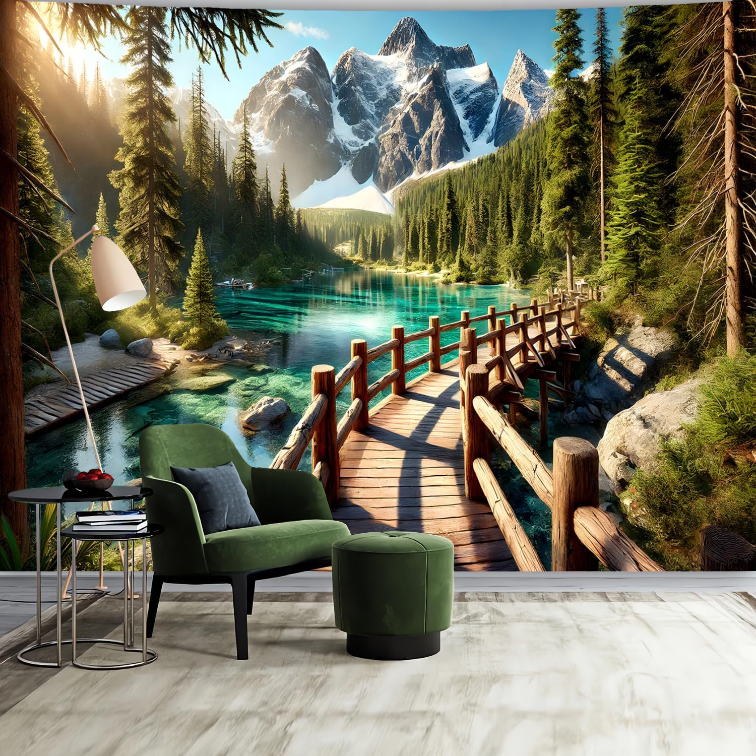 BSFHH Nature Tapestry Forest Tree Sea Cave Wall Hanging, Stream Through Rainforest Landscape Wall