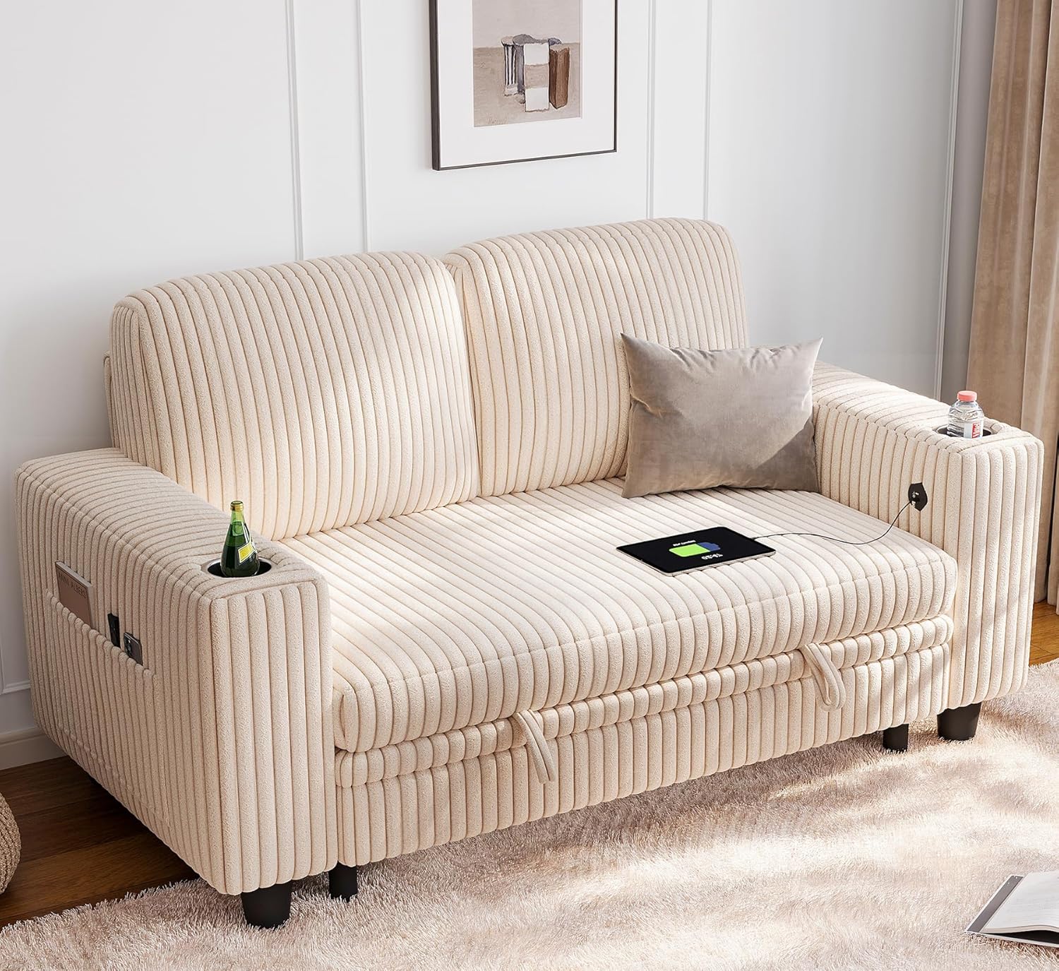 LINSY HOME Loveseat Sofa with Storage - Comfy Plush Corduroy 2 Seater Sofa with USB Charging & Cup