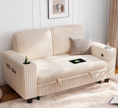 LINSY HOME Loveseat Sofa with Storage - Comfy Plush Corduroy 2 Seater Sofa with USB Charging & Cup