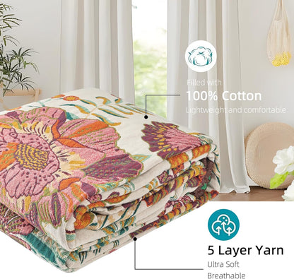 Boho Throw Blanket for Bed - 100% Pure Cotton Ultra Soft Rustic Quilt - Farmhouse Decor Bed