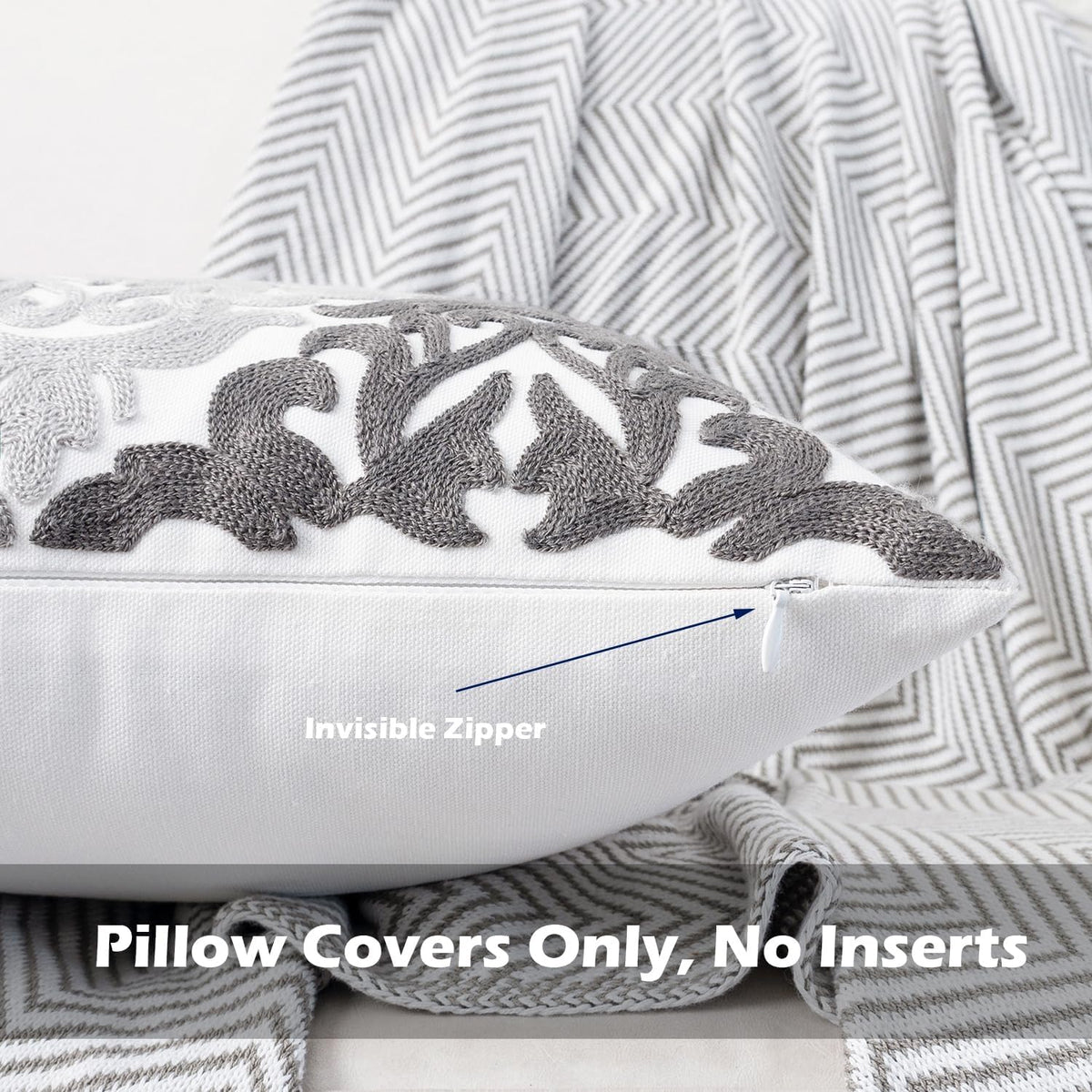 HWY 50 Grey Gray Decorative Throw Pillow Covers 18x18 Inch (1 Piece), Embroidered Cotton Farmhouse