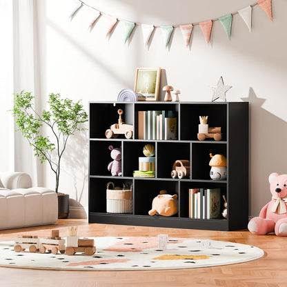 Cozy Castle Black Bookshelf, 3-Tier Open Shelf Bookcase, 10 Cube Storage Organizer with Anti-Tilt