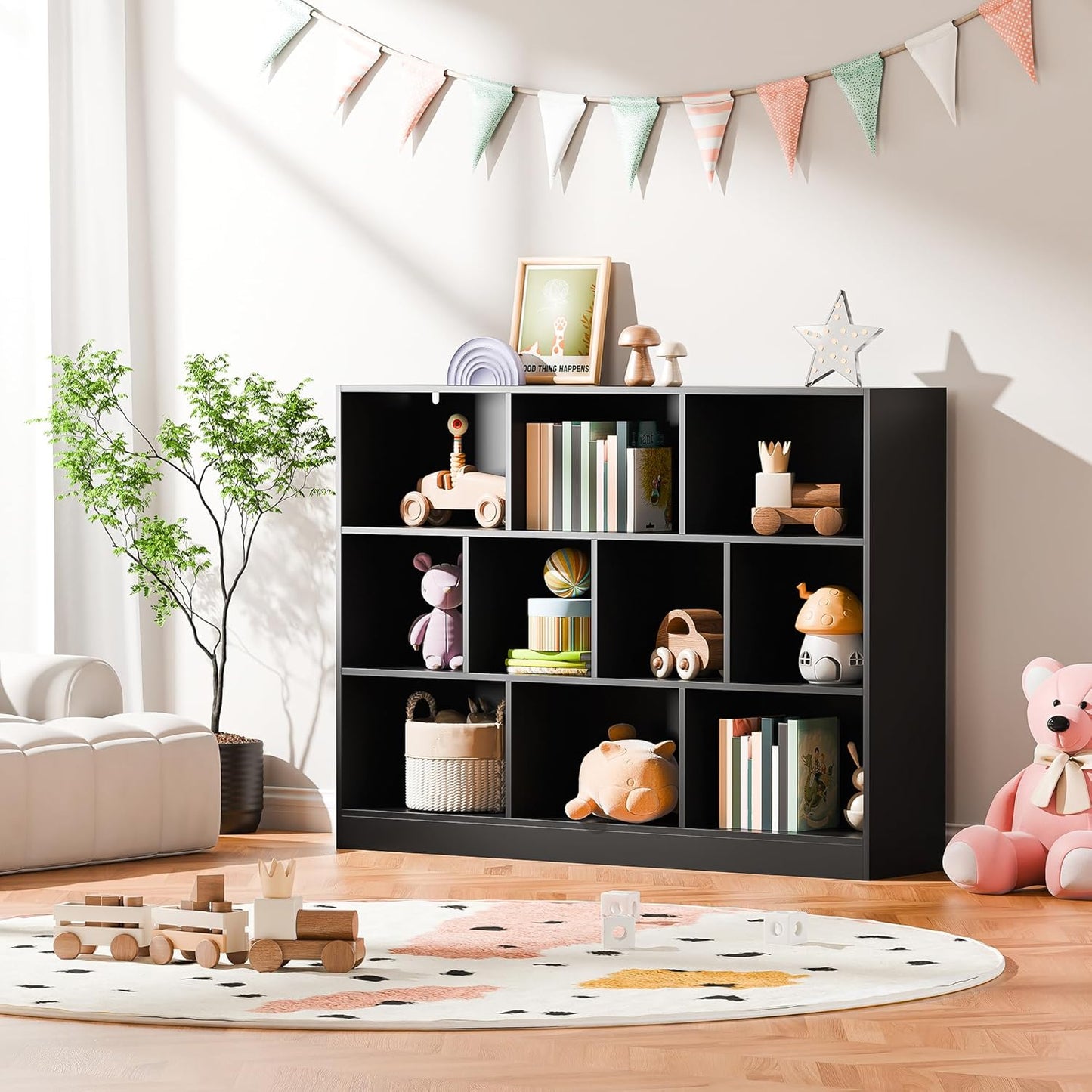 Cozy Castle Black Bookshelf, 3-Tier Open Shelf Bookcase, 10 Cube Storage Organizer with Anti-Tilt