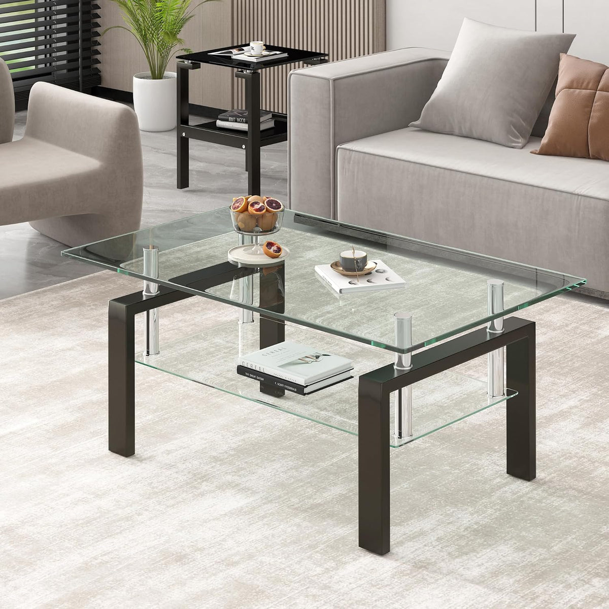 Glass Coffee Table Rectangle Living Room Center Table, with Tempered Glass Tabletop Black Metal