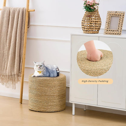 Handwoven Ottoman Pouf, Natural Seagrass Footstool, Round Braided Outdoor Seat with Sturdy Frame
