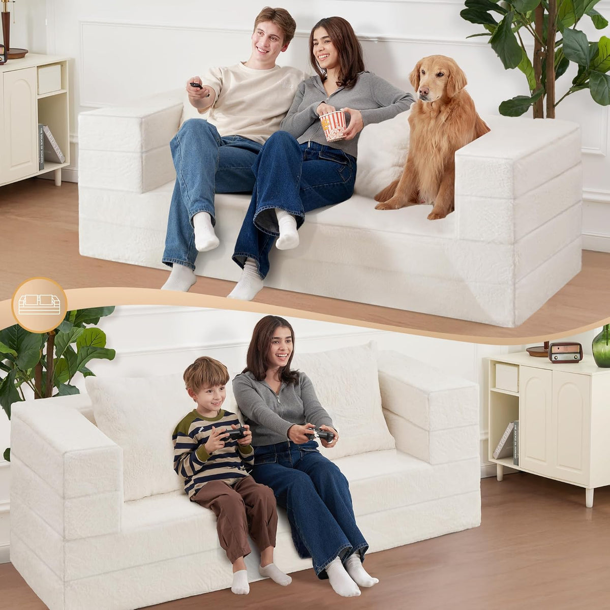 Folding Bean Bag Chair for Adults,3-in-1 Bean Bag Couch Faux Fur Floor Sofa Large Beanbag