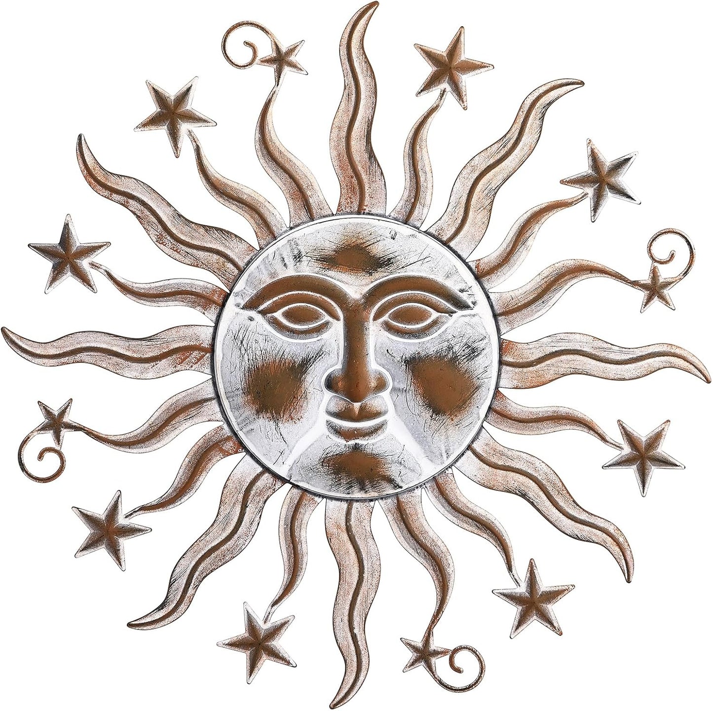 TICKCACY Metal Sun Wall Art Sculpture Decor, 23.8” Vintage Sun and Star Wall Hanging Decoration for