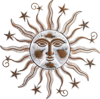 TICKCACY Metal Sun Wall Art Sculpture Decor, 23.8” Vintage Sun and Star Wall Hanging Decoration for