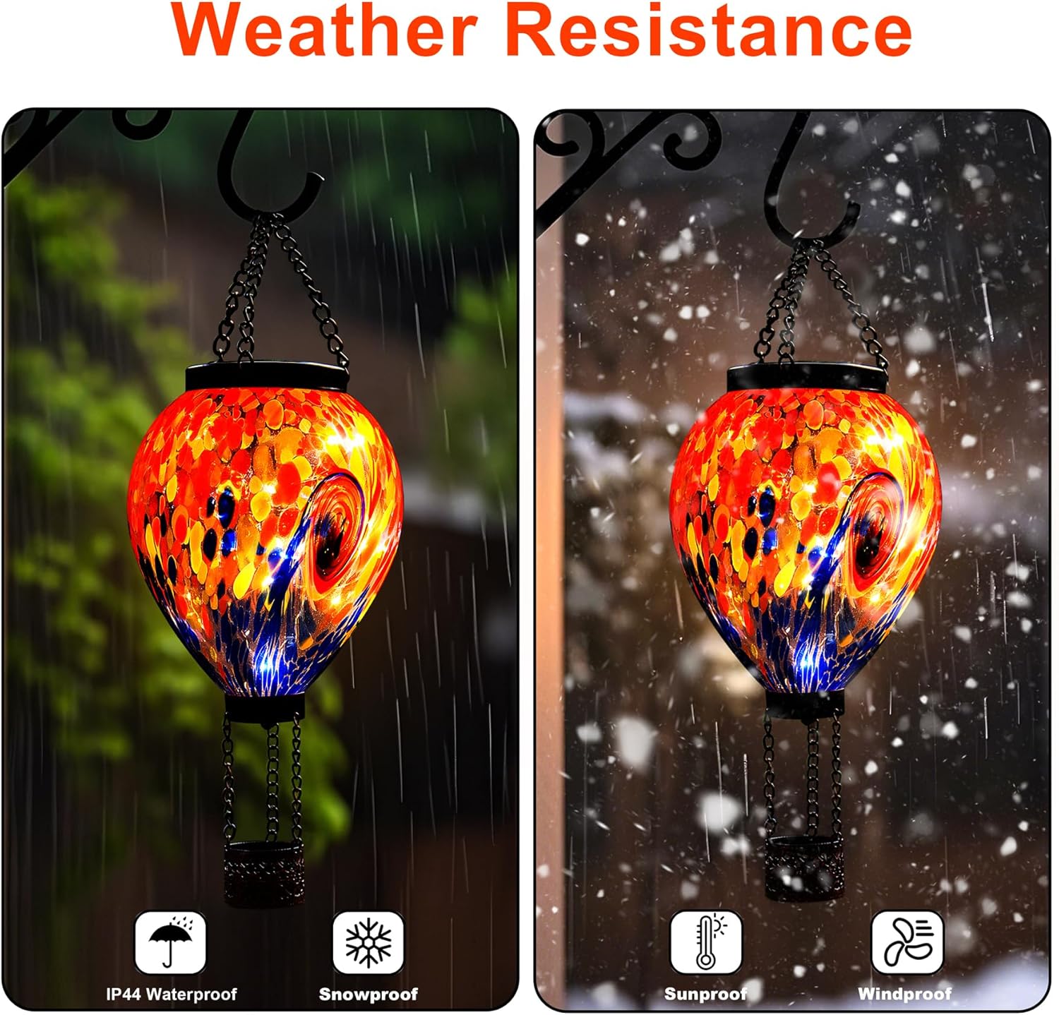 VOREEN Solar Hot Air Balloon Light – Hand Blown Colorful Glass Outdoor Hanging Lantern, Waterproof