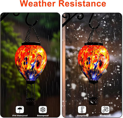 VOREEN Solar Hot Air Balloon Light – Hand Blown Colorful Glass Outdoor Hanging Lantern, Waterproof
