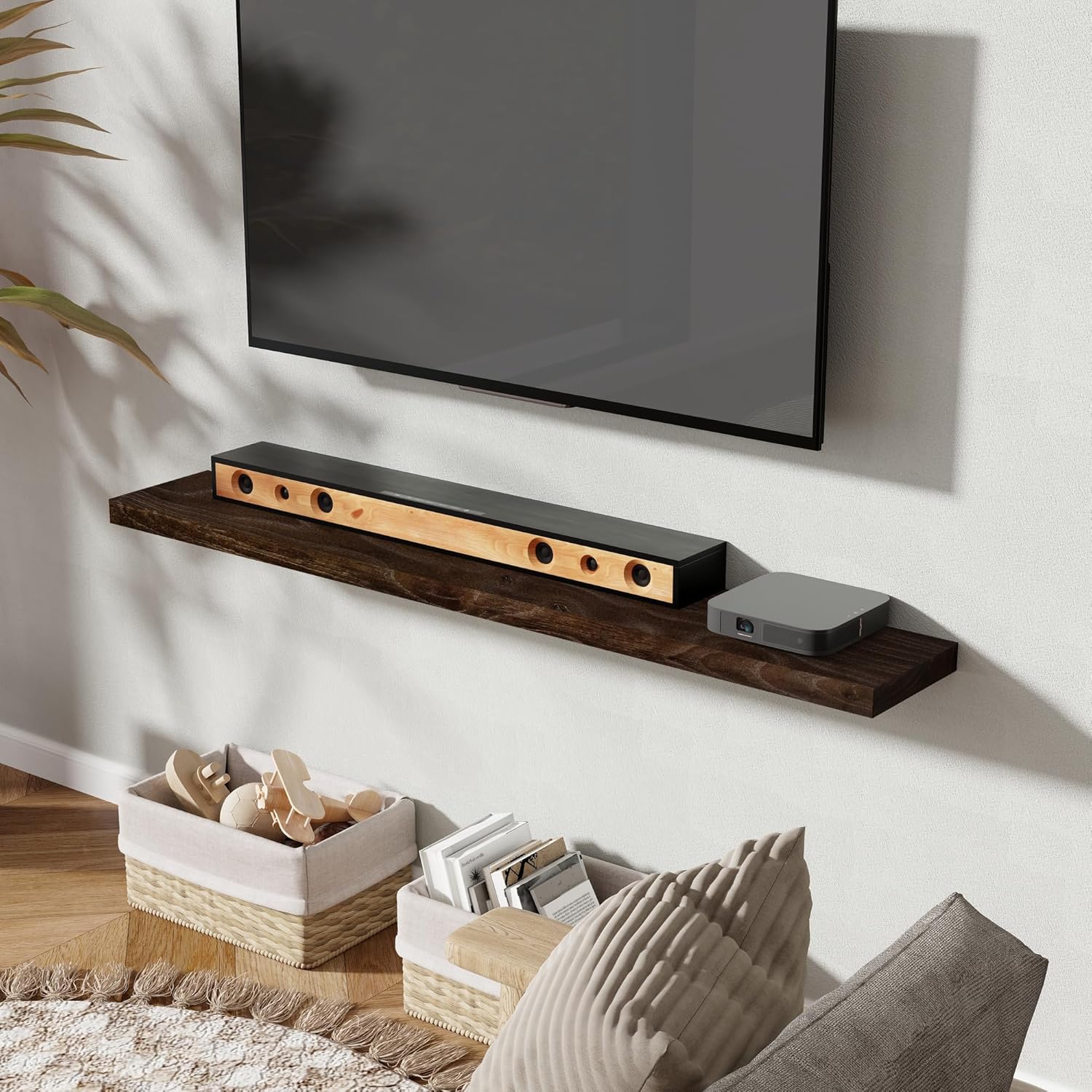 55" Floating Shelves for Wall, Rustic Elm Wood Floating Shelf for Home Decor, Wall-Mounted Display