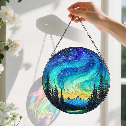 Stained Glass Window Hanging - 8 Inch Northern Lights Suncatcher for Window Doors Home Decoration