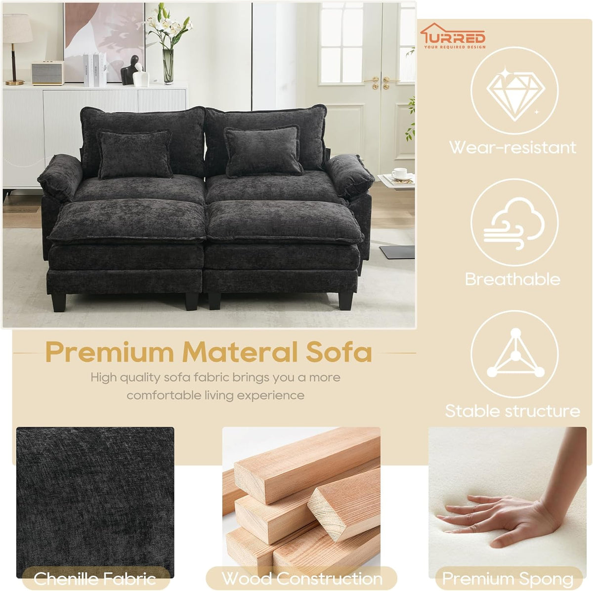 URRED Modular Sectional Sofa Comfy Cloud Couch, Modern Chenille Sofa Sleeper Deep Seat Couches with
