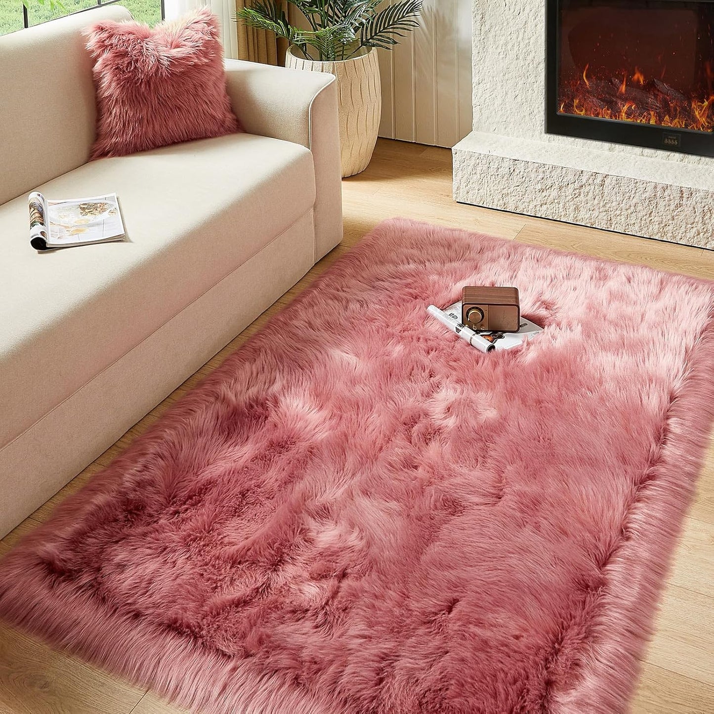 AMTOVO Faux Fur Sheepskin Rug for Living Room, 4 x 6 ft Blush Pink Fluffy Area Rug for Bedroom