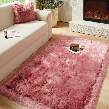 AMTOVO Faux Fur Sheepskin Rug for Living Room, 4 x 6 ft Blush Pink Fluffy Area Rug for Bedroom