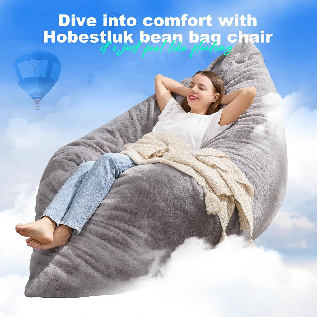 Hobestluk 3 in 1 Bean Bag Chair Giant Bean Bag Chairs for Adults with Chevron Plush Fur Cover