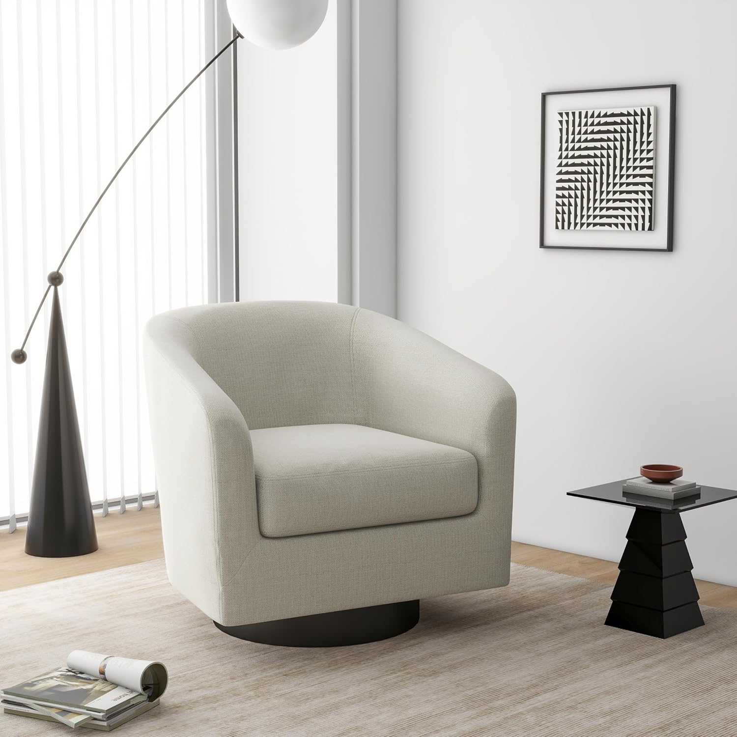 Swivel Barrel Accent Chair, Modern Round Linen Arm Chair for Living Room, Bedroom, Comfy Club