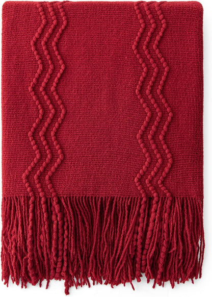 MIULEE Burgundy Red Knitted Throw Blanket for Couch Boho Textured Cozy Woven Blanket with Tassels