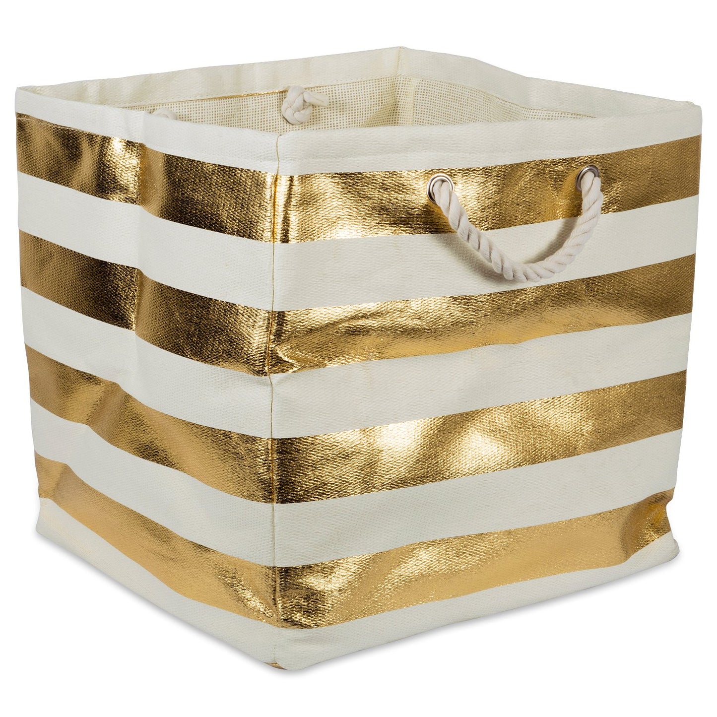 DII Durable Woven Striped Storage Bin Collapsible with Soft Rope Handles Reinforced with Metal