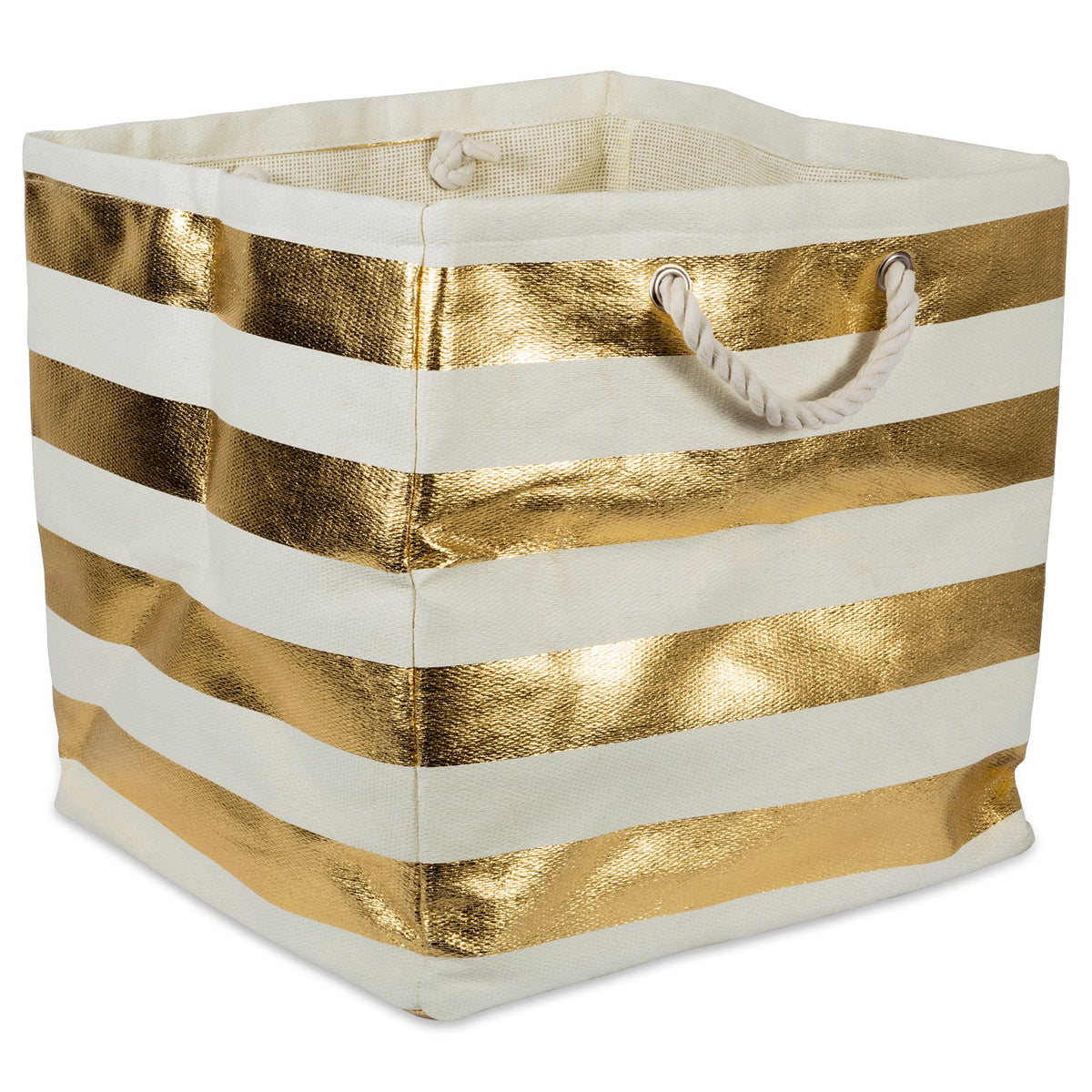 DII Durable Woven Striped Storage Bin Collapsible with Soft Rope Handles Reinforced with Metal