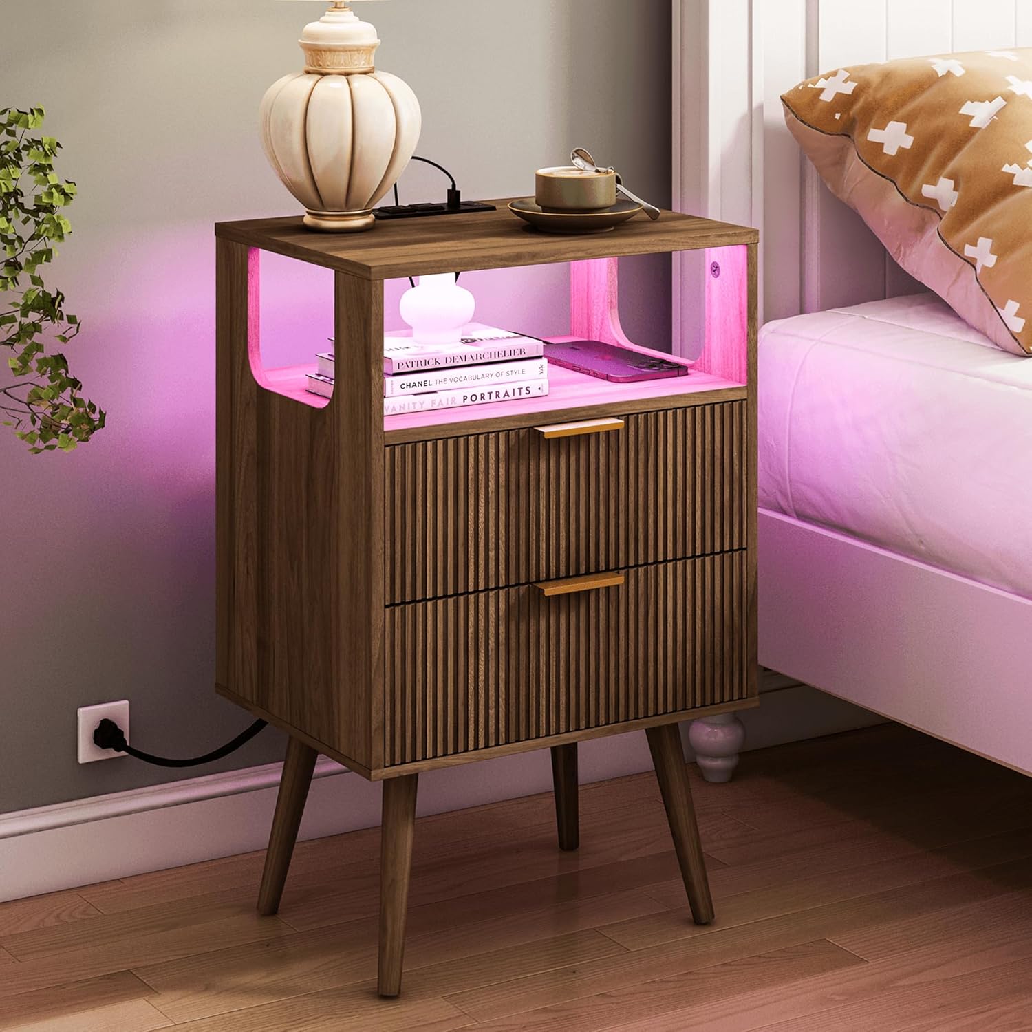 Nightstand with Charging Station and LED Lights,Modern Bedside Table with 2 Storage Drawer and Open