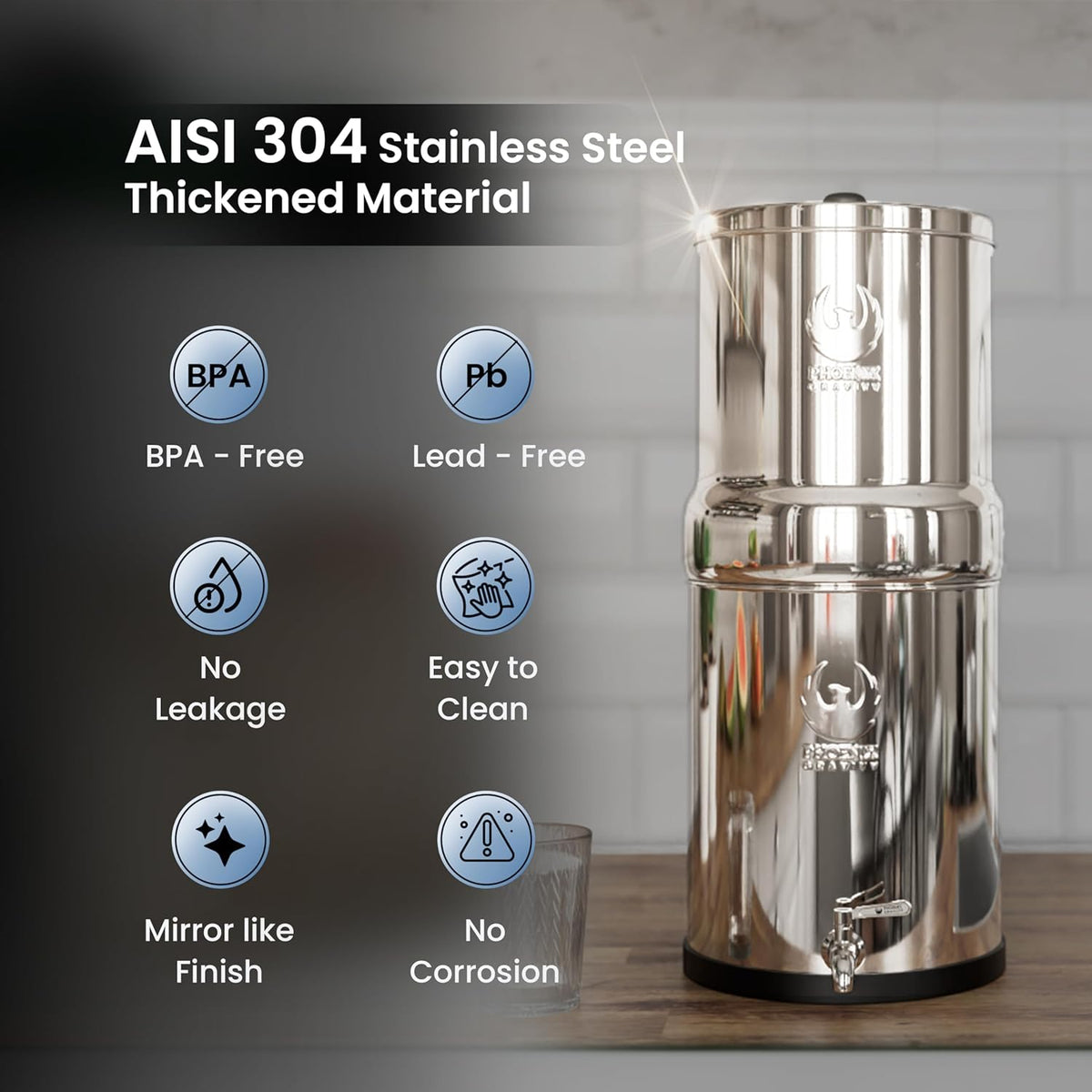Gravity Water Filter System - 3.25 Gallons - NSF Certified - AISI 304 Stainless Steel Countertop